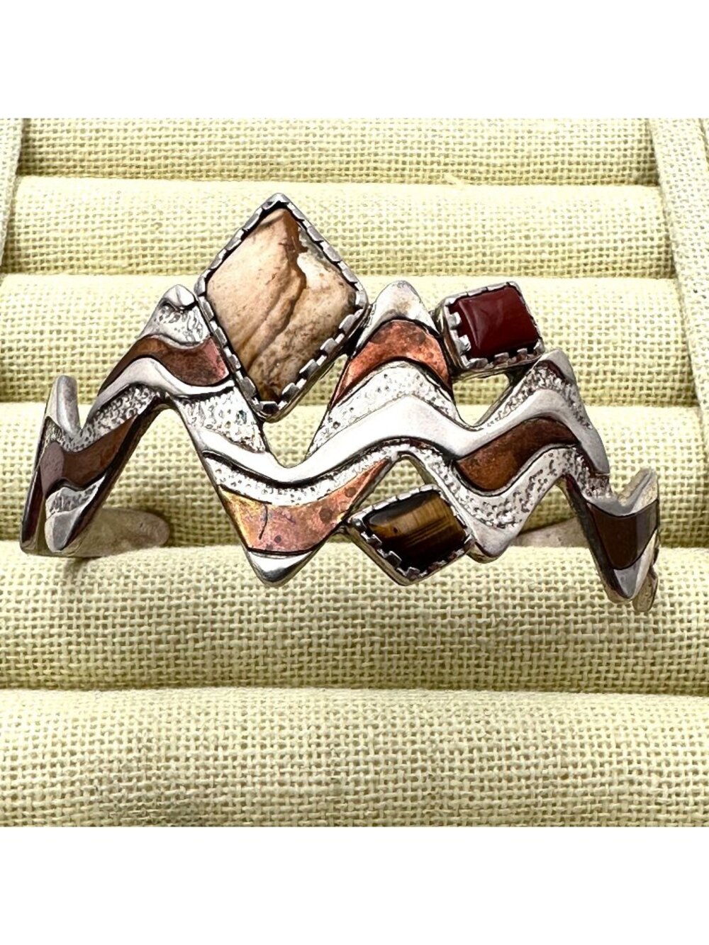 Vintage Carolyn Pollack 4 Corners Sterling Silver Copper Gemstone Cuff Bracelet